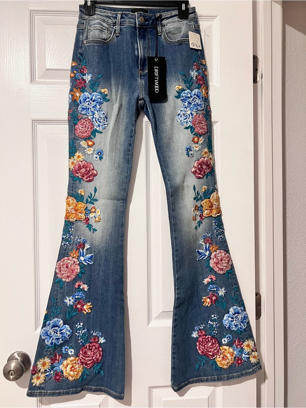 DRIFTWOOD Blue Denim Flare Jeans with Multi-Color Floral Embroidery